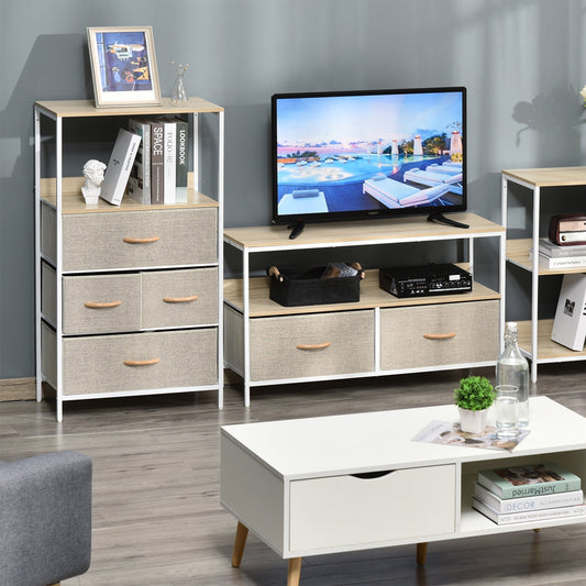 The chest of drawers in a living room setting next to a TV stand and coffee table