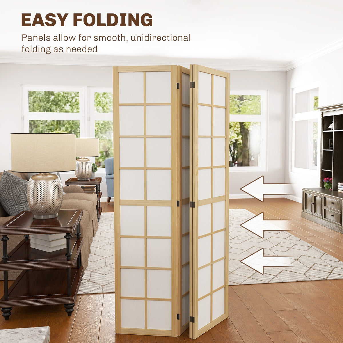 The folding room divider is shown being folded, with arrows indicating the movement