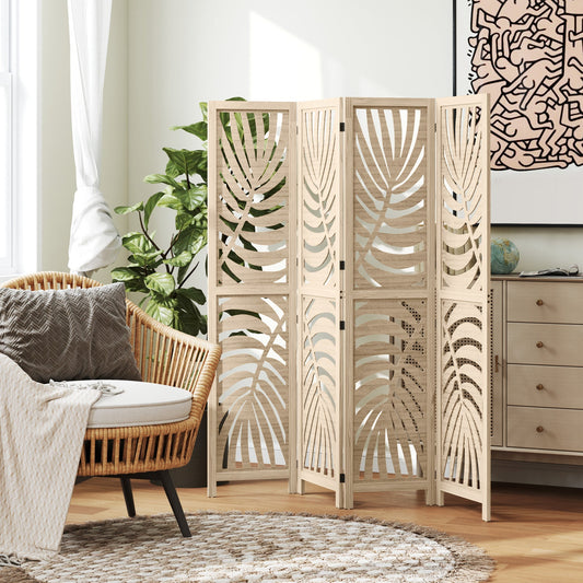 The four panel room divider is set up in a living room next to a chair and plant