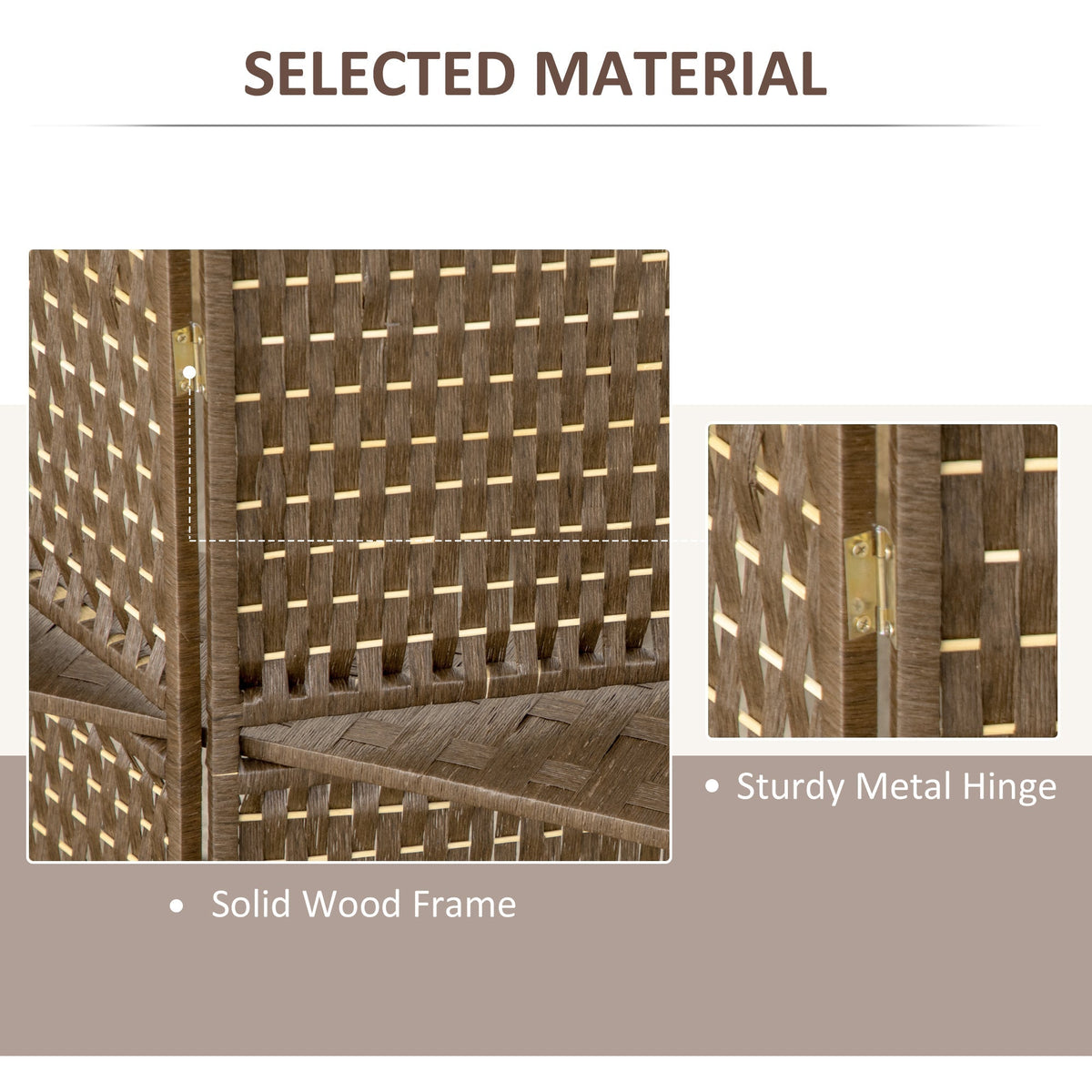 Close up of the room divider showing the woven texture and metal hinges