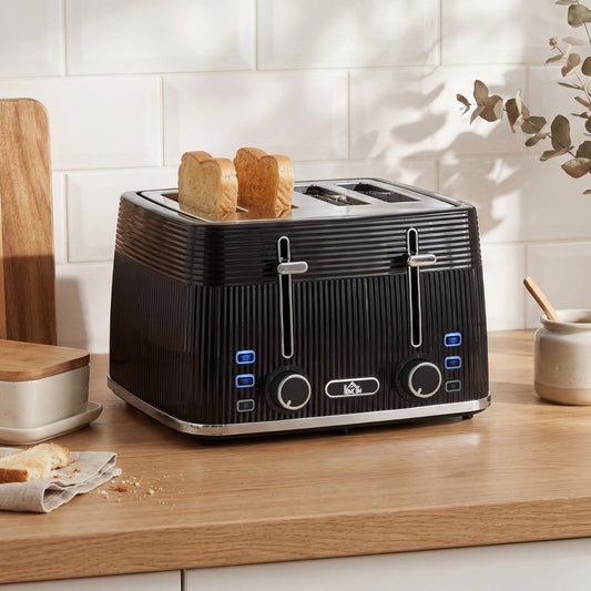 the kitchen appliance sitting on a wooden worktop with two slices of bread toasting inside