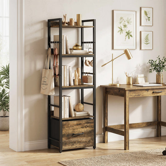The narrow bookcase is shown in a room with a desk and decorative items