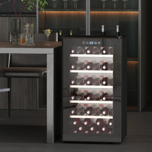 The wine cooler fridge is shown in a dining room setting, filled with wine bottles