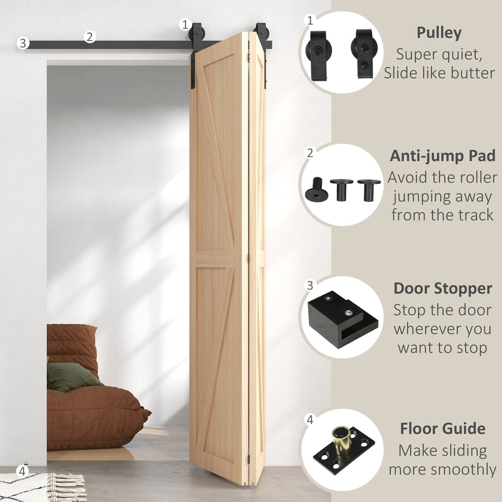 Close up of the sliding barn door hardware track kit components with labels