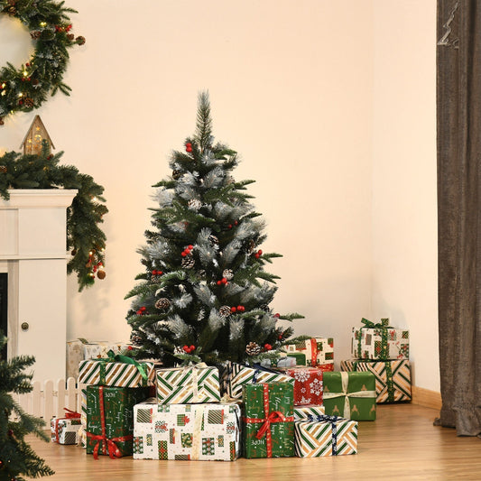 The artificial Christmas tree decorated with gifts in a cosy room setting