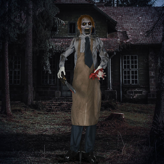 Scary Halloween decoration standing outside a spooky house at night
