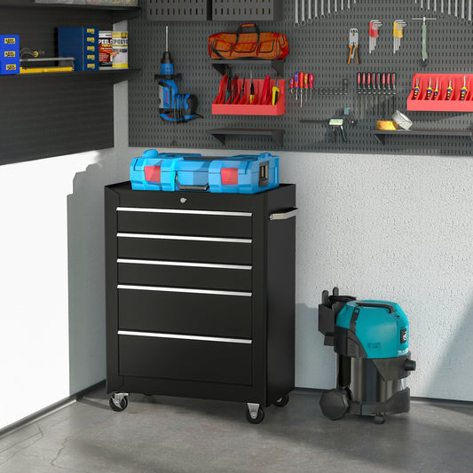 The black tool cabinet with five drawers is shown in a workshop setting next to a vacuum cleaner