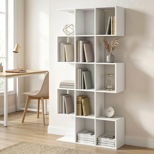 The geometric bookcase styled in a living room with books and decorative items on the shelves