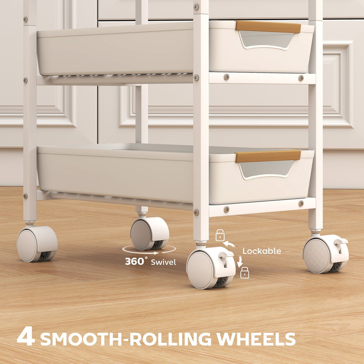 The lockable wheels of the white storage trolley on wheels