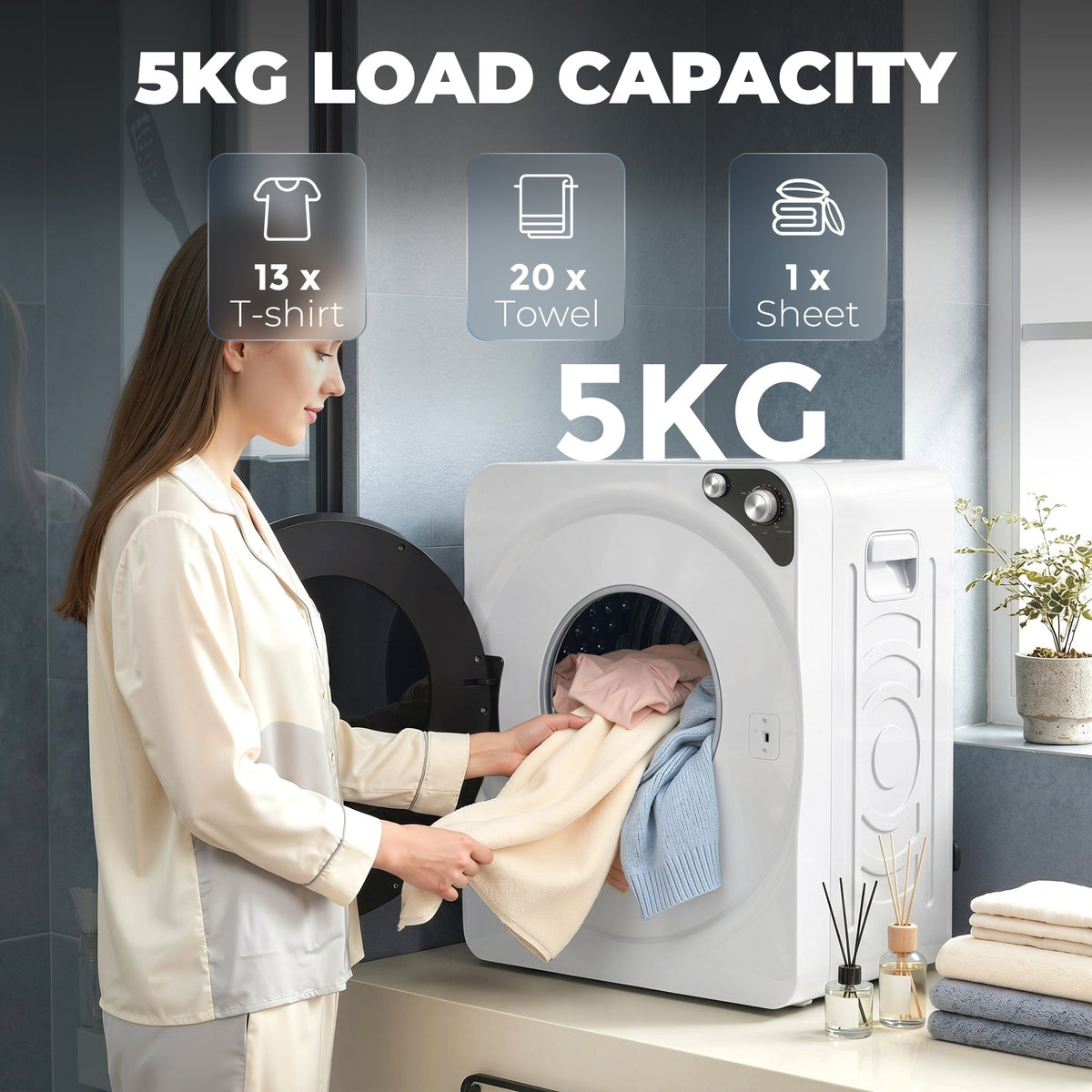 The compact clothes drying machine with its door open, a person is placing laundry inside