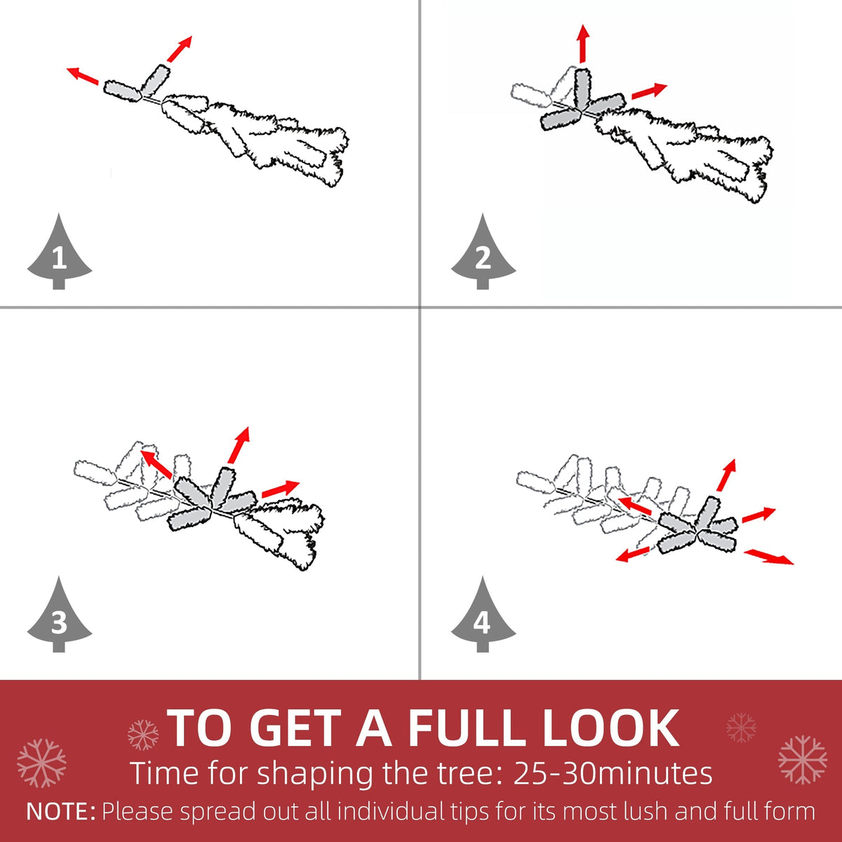 Diagram showing how to shape the branches of the snow flocked artificial Christmas tree for a full look