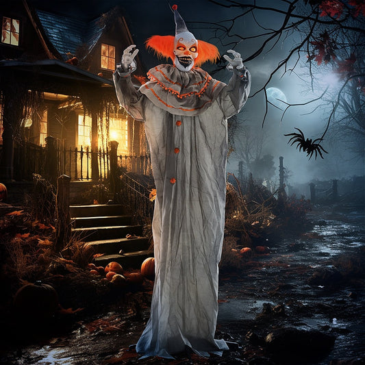 The scary clown animatronic standing in a spooky garden outside a dark house at night