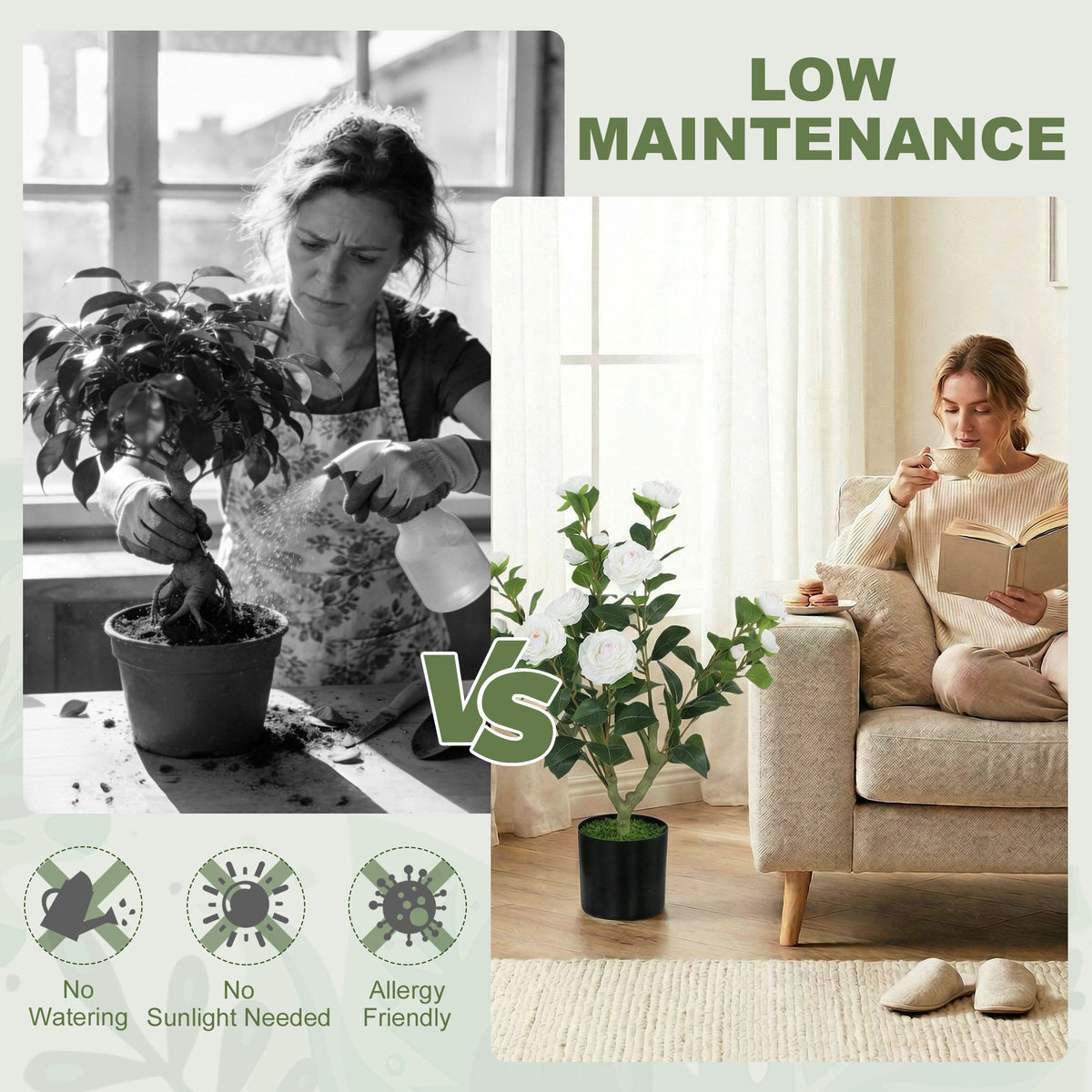The artificial plant compared to a real plant to show low maintenance benefits