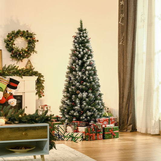 The artificial tree decorated with red berries and pinecones in a cosy living room with gifts
