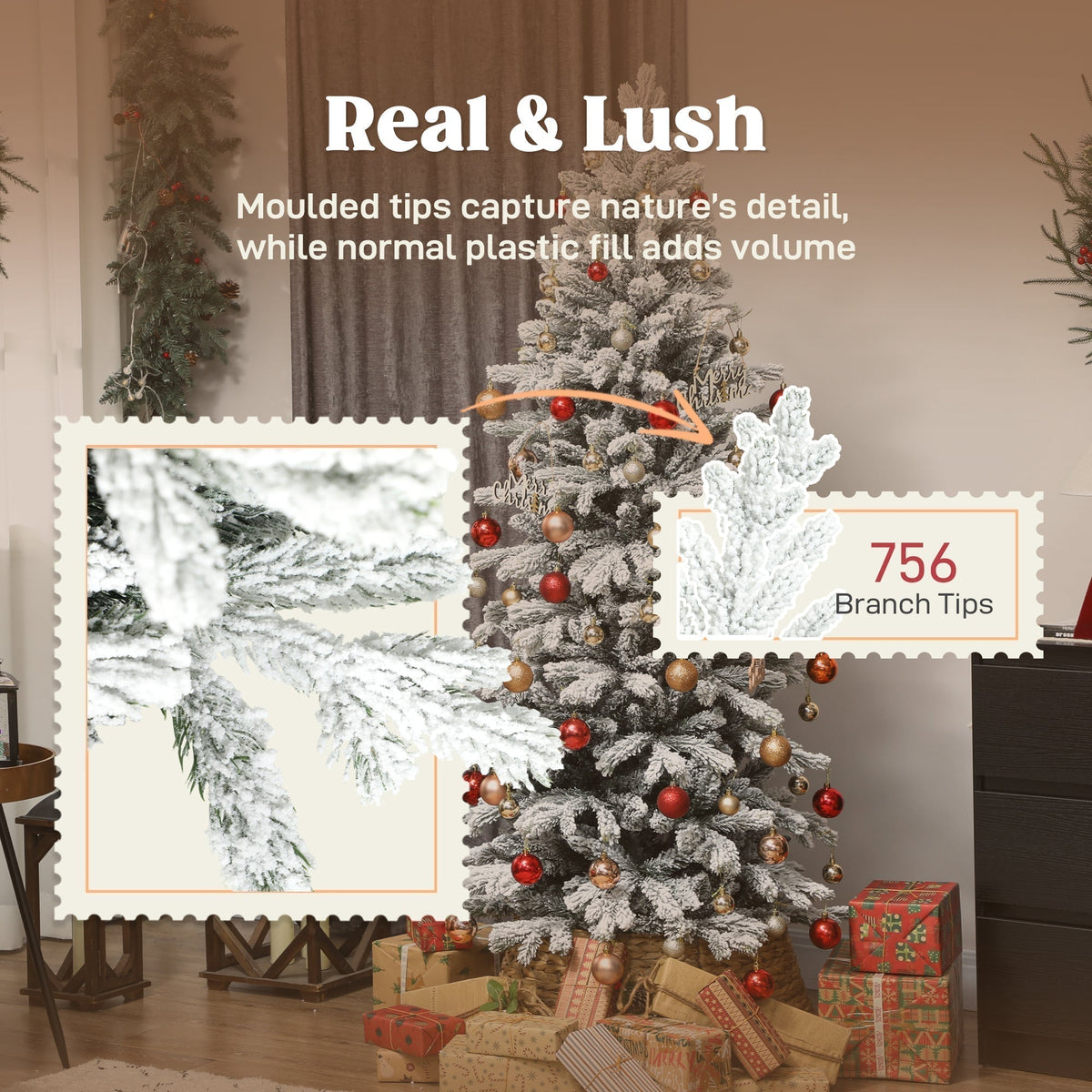 Close up of the flocked artificial Christmas tree branches and text about branch tips