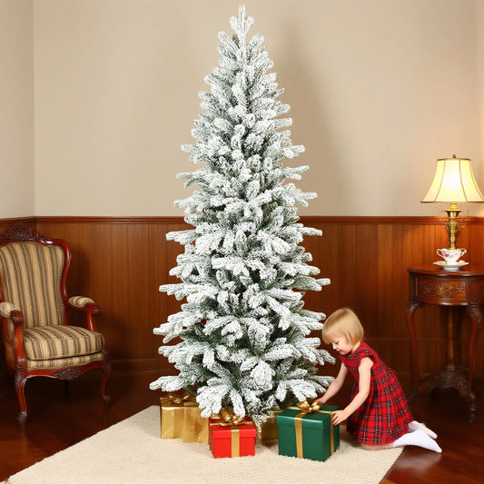 A little girl places a gift under the flocked artificial Christmas tree in a living room