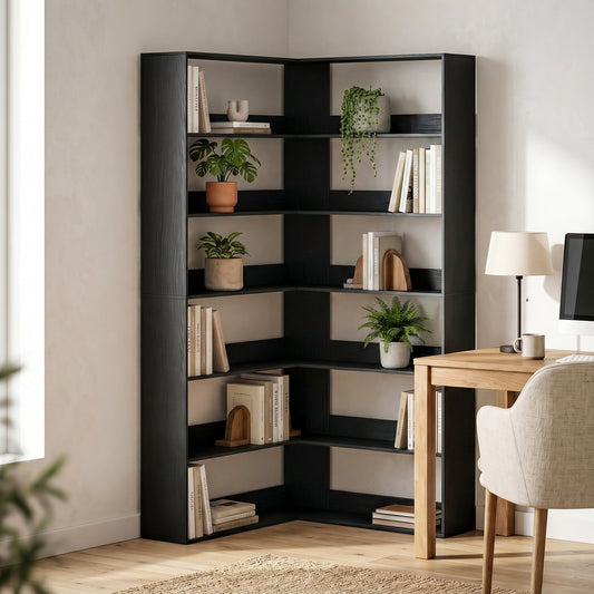 The L-shaped corner bookcase is shown in a room setting with books and plants on the shelves