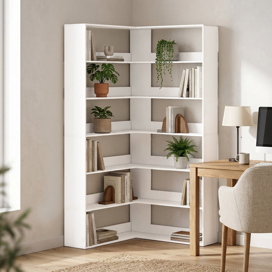 The white corner bookcase filled with books and plants in a room setting