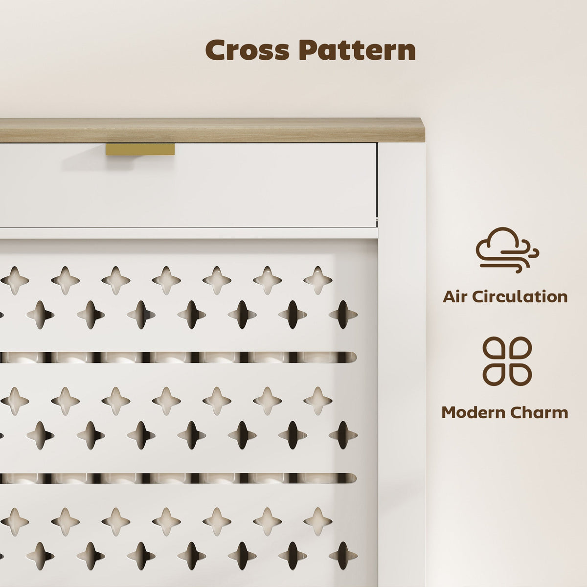The radiator cover highlighting the cross pattern design for air circulation and modern style