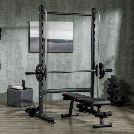 The squat rack with a bench and weights in a home gym setting
