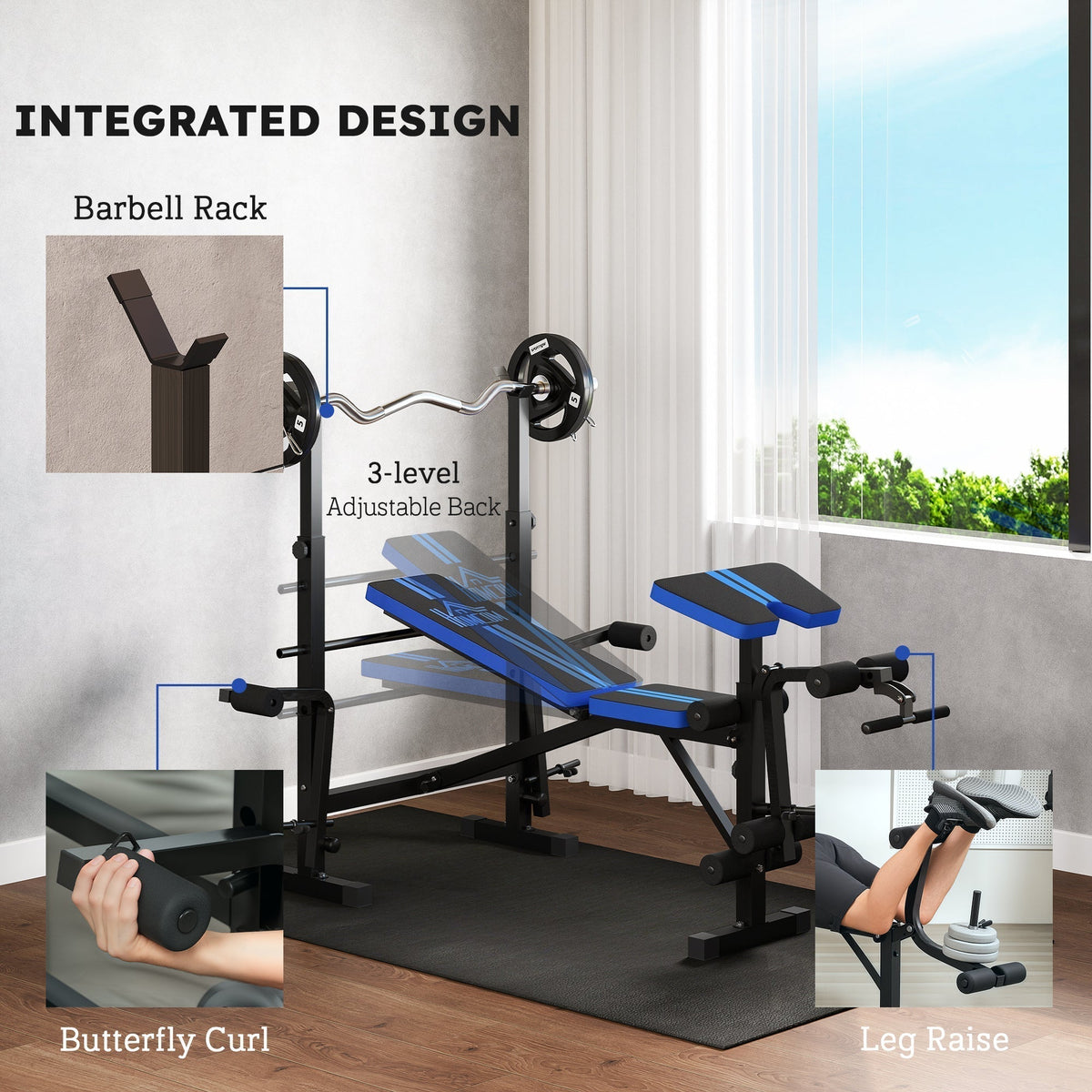 The weight bench with inset boxes showing the barbell rack and exercise movements