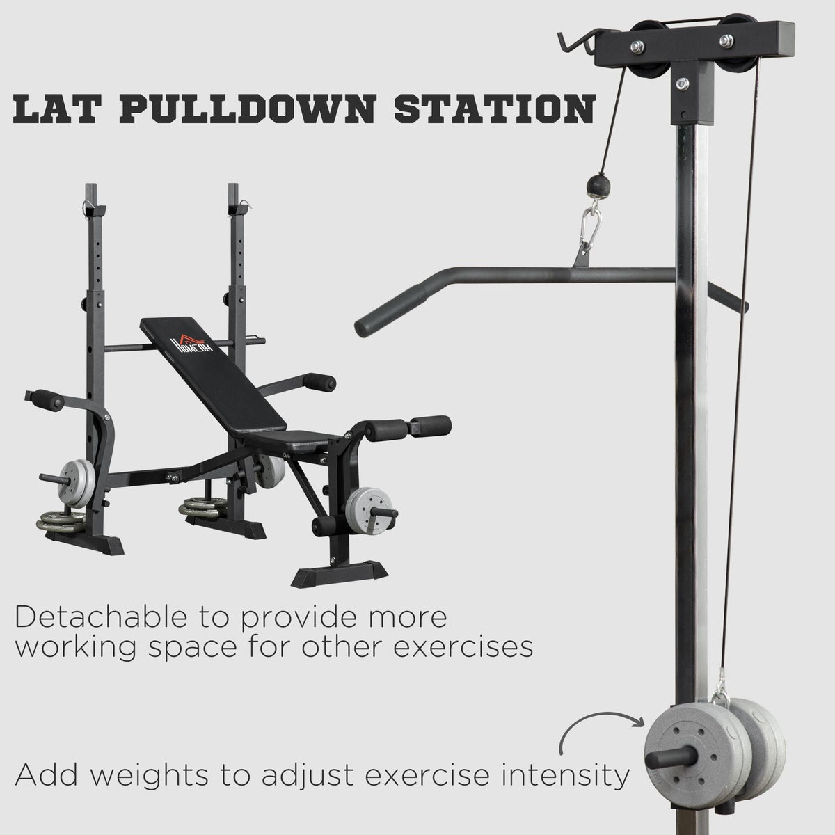 Lat pulldown station on the weight bench, showing adjustable weight and space for other exercises