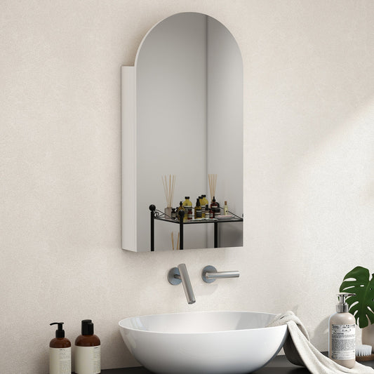The arched bathroom mirror cabinet is mounted above a sink in a bathroom setting