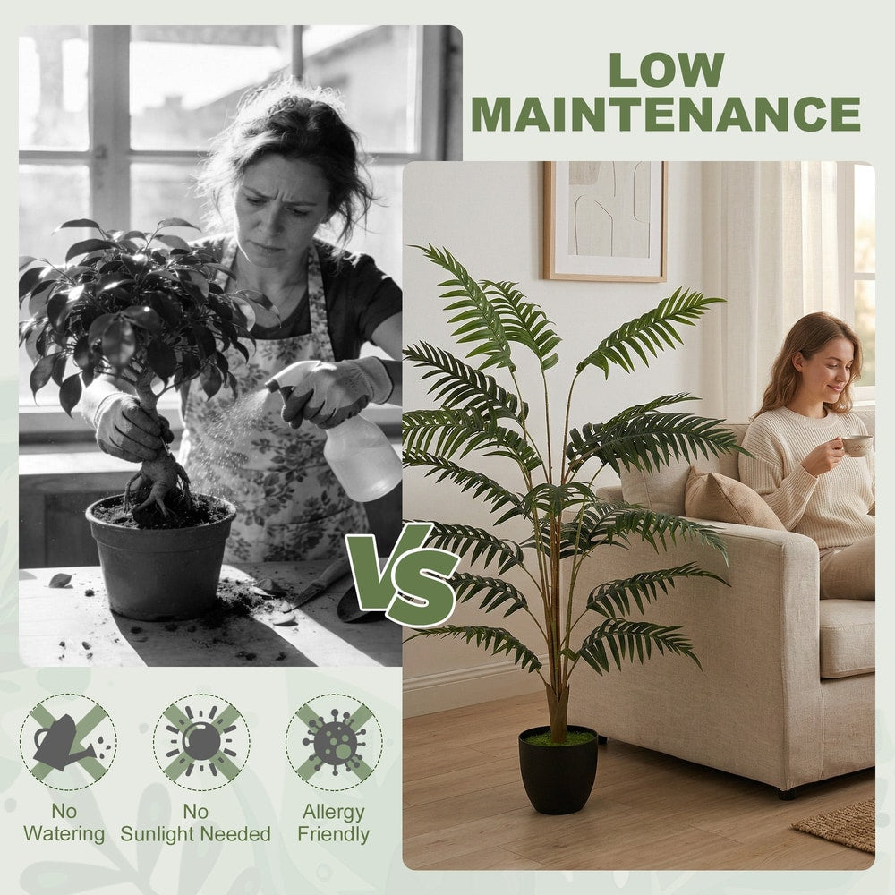 Comparison of a real plant needing care versus the artificial fern tree needing low maintenance