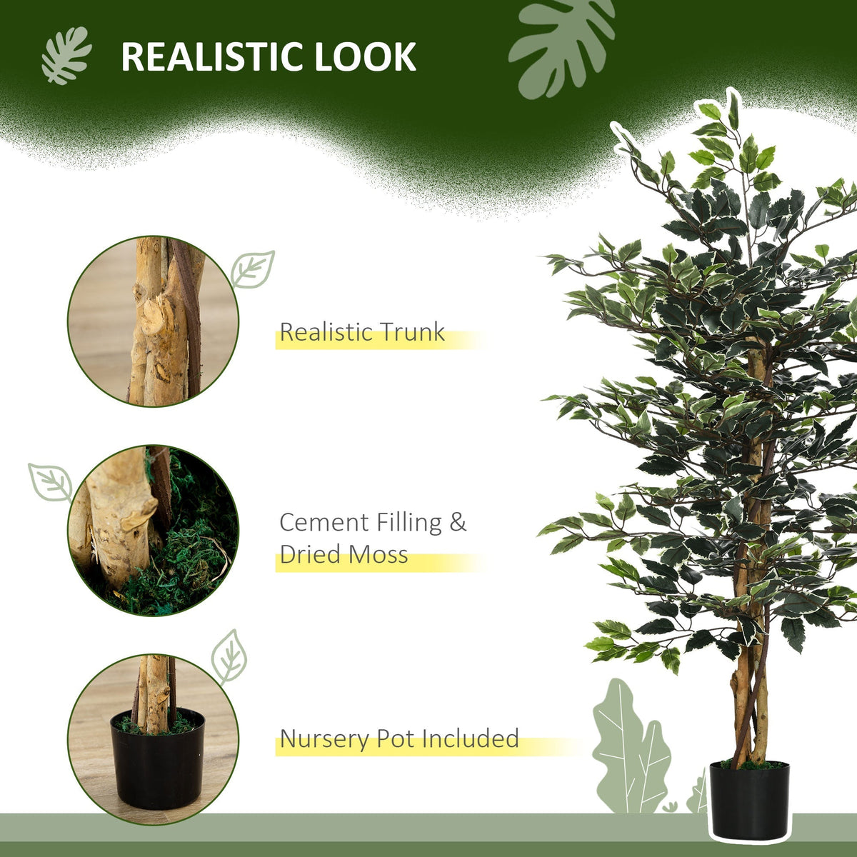 Close up of the realistic trunk and moss detail on an artificial ficus tree