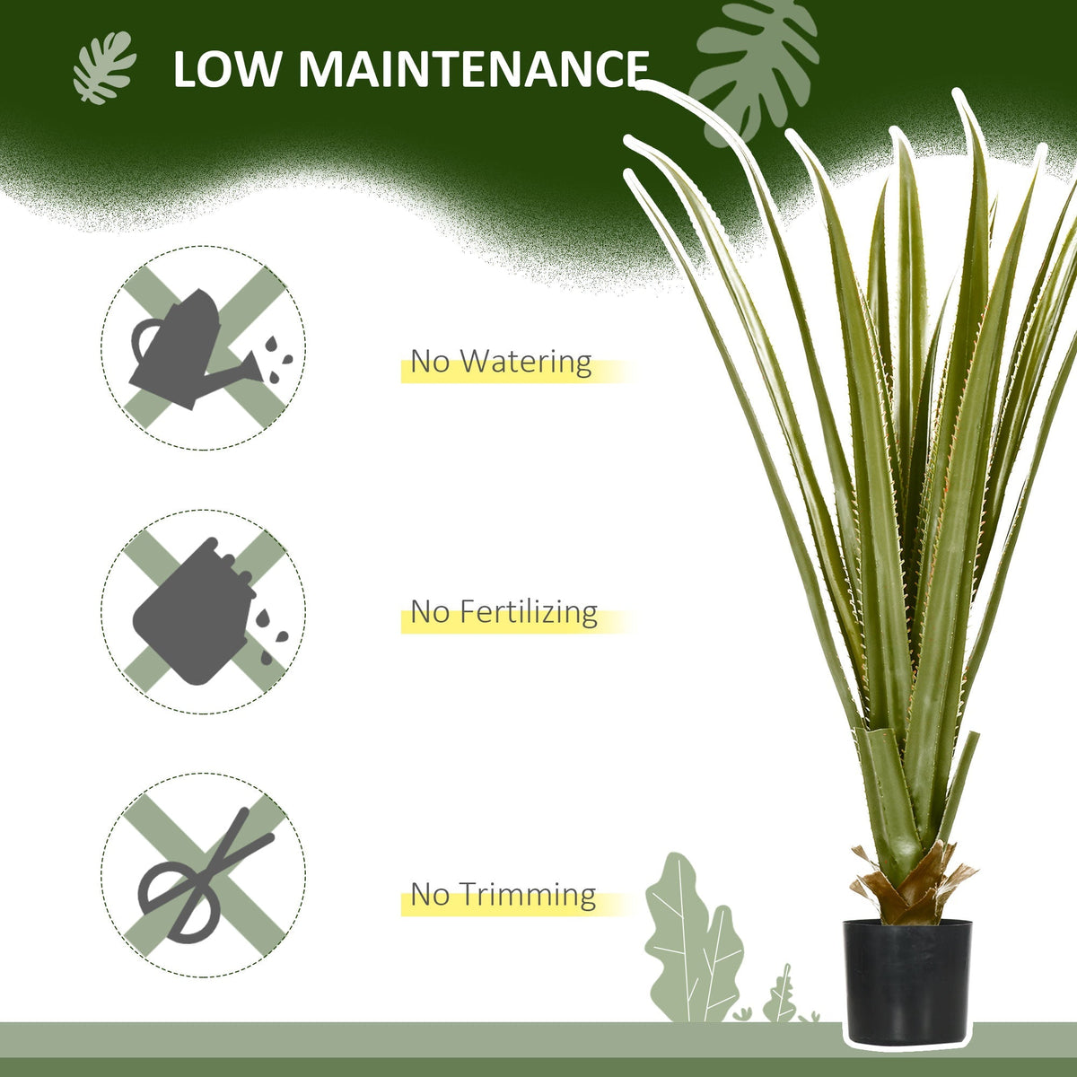 The artificial agave plant shown with icons for low maintenance, no watering, no fertilizing, no trimming