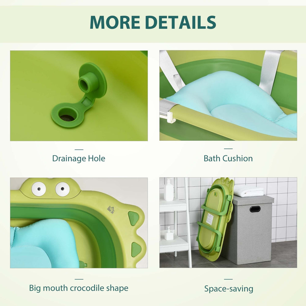Four detail shots of the green baby bath tub, showing drainage, cushion, shape and storage