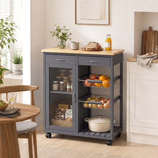The kitchen trolley placed in a bright kitchen filled with food items and kitchenware