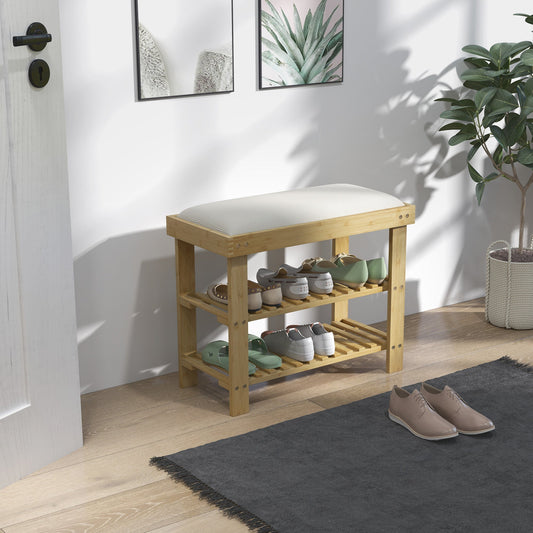 Bamboo shoe storage bench with a seat cushion in a hallway with shoes on the shelves