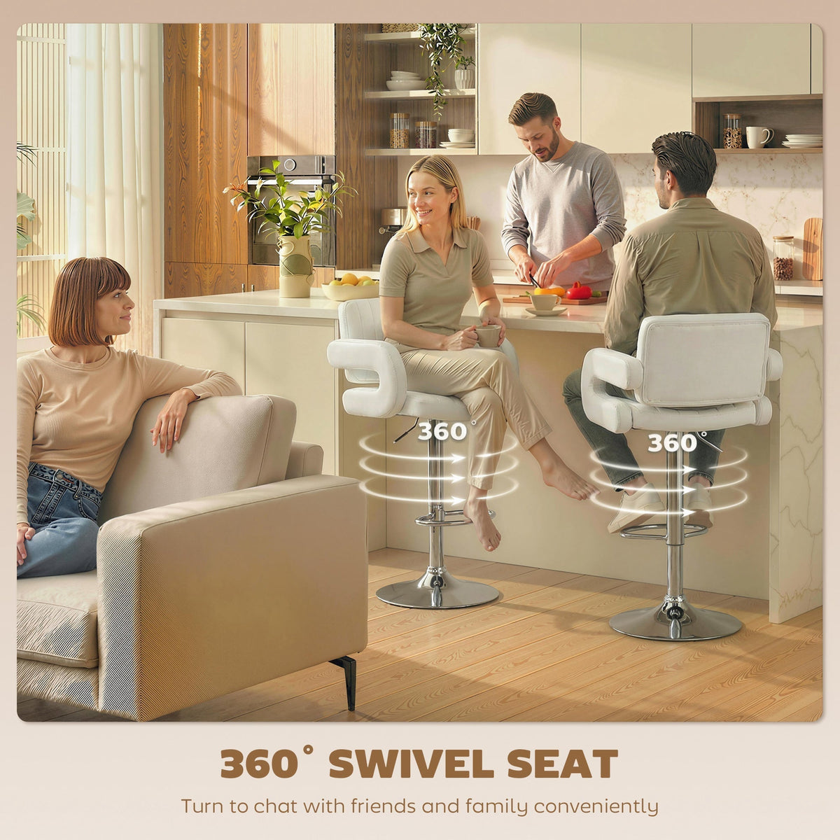 Four white PU leather bar stools in a kitchen, two are swivelling