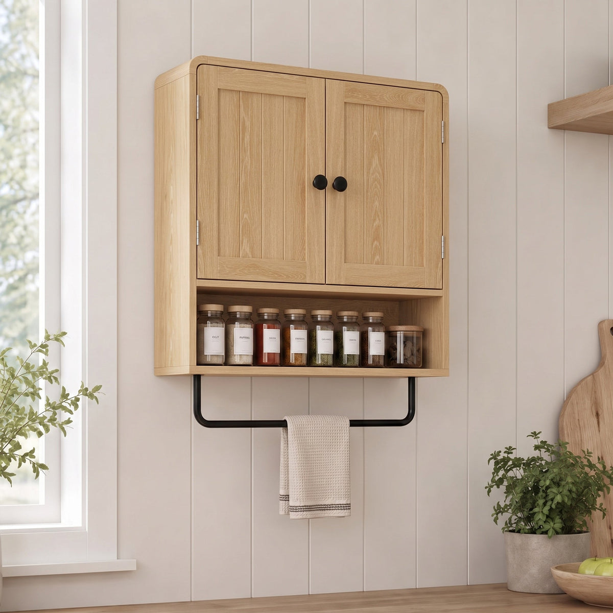 The bathroom cabinet used in a kitchen setting to store spice jars on the open shelf