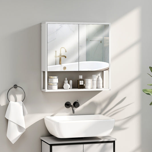 The storage cabinet mounted on a wall above a bathroom sink with toiletries on the shelf