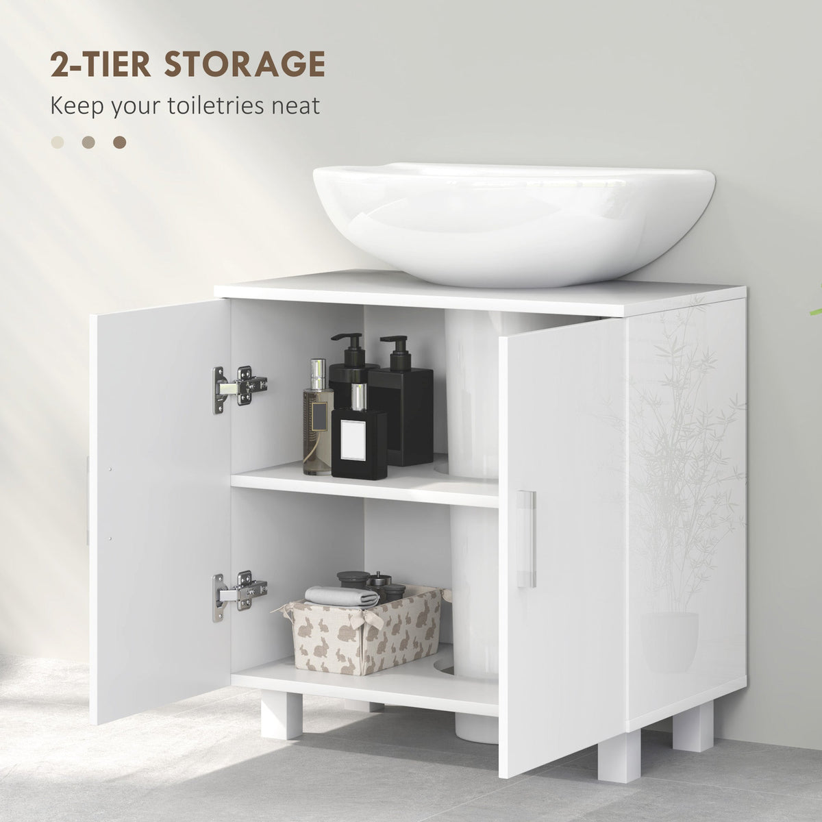 The bathroom cabinet with its doors open, revealing two shelves for storage, with bottles and a basket inside