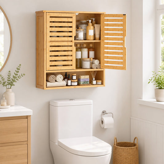 The bathroom cabinet is shown mounted above a toilet, with its doors open and filled with toiletries