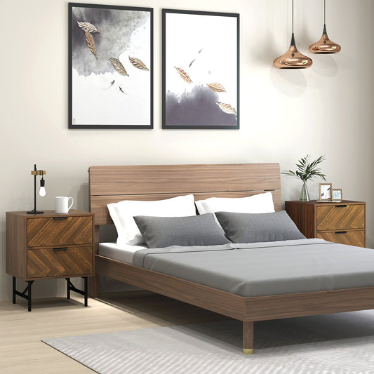Two modern bedside tables with herringbone pattern in a bedroom setting next to a bed