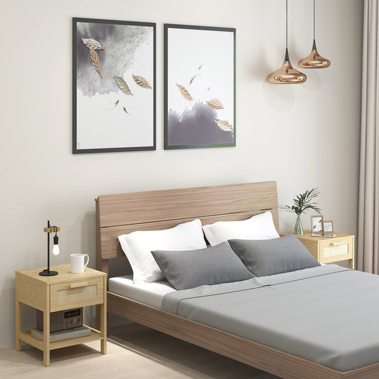 Two bedside tables in a bedroom setting next to a bed