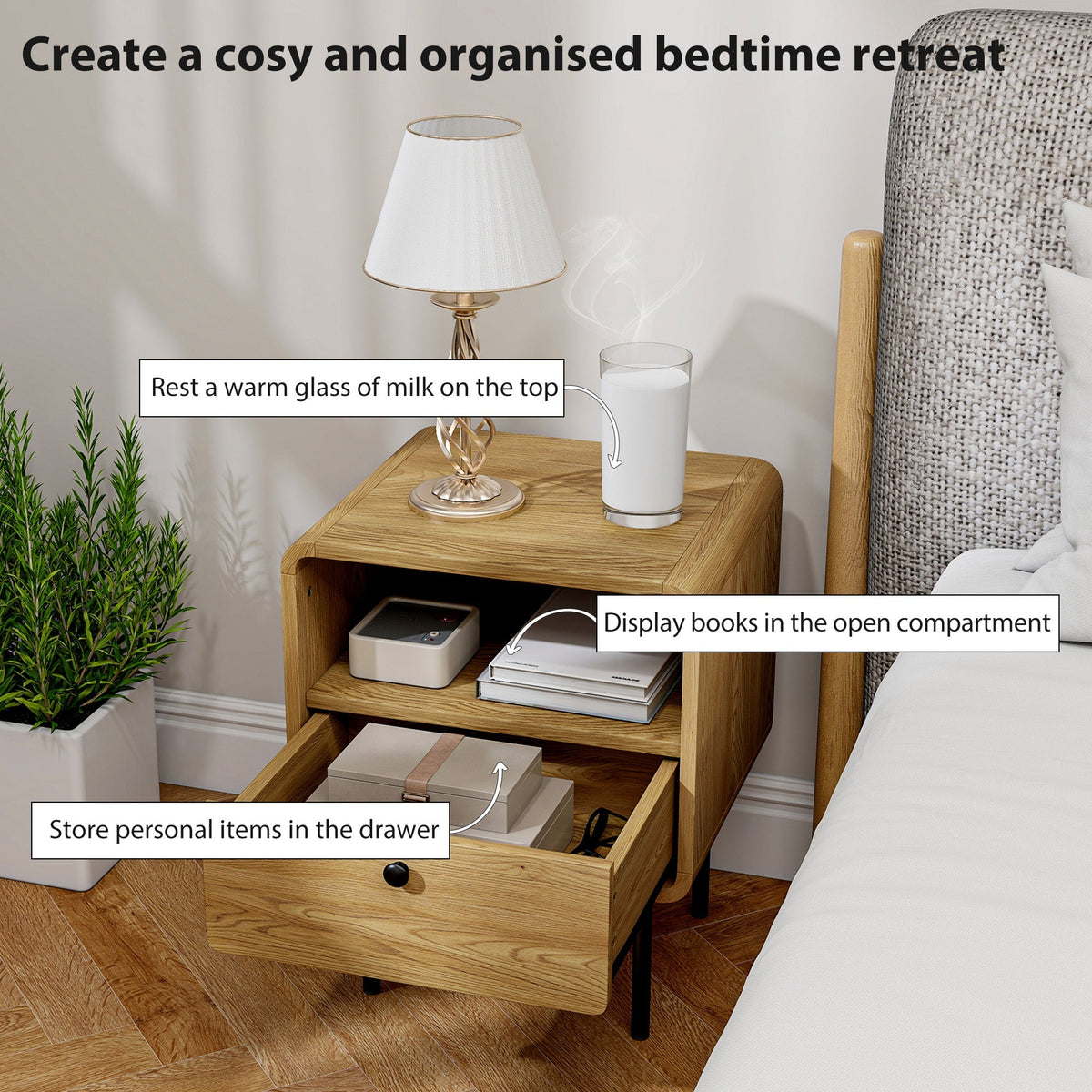 Open drawer and shelf of the oak bedside cabinet showing storage options