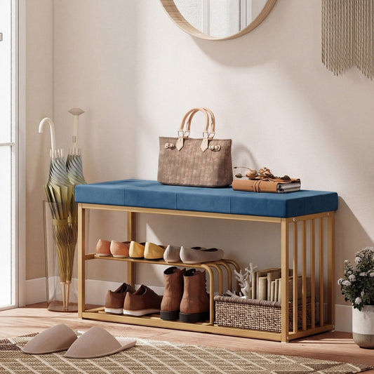 The shoe storage bench placed in a hallway with shoes and a handbag on the seat