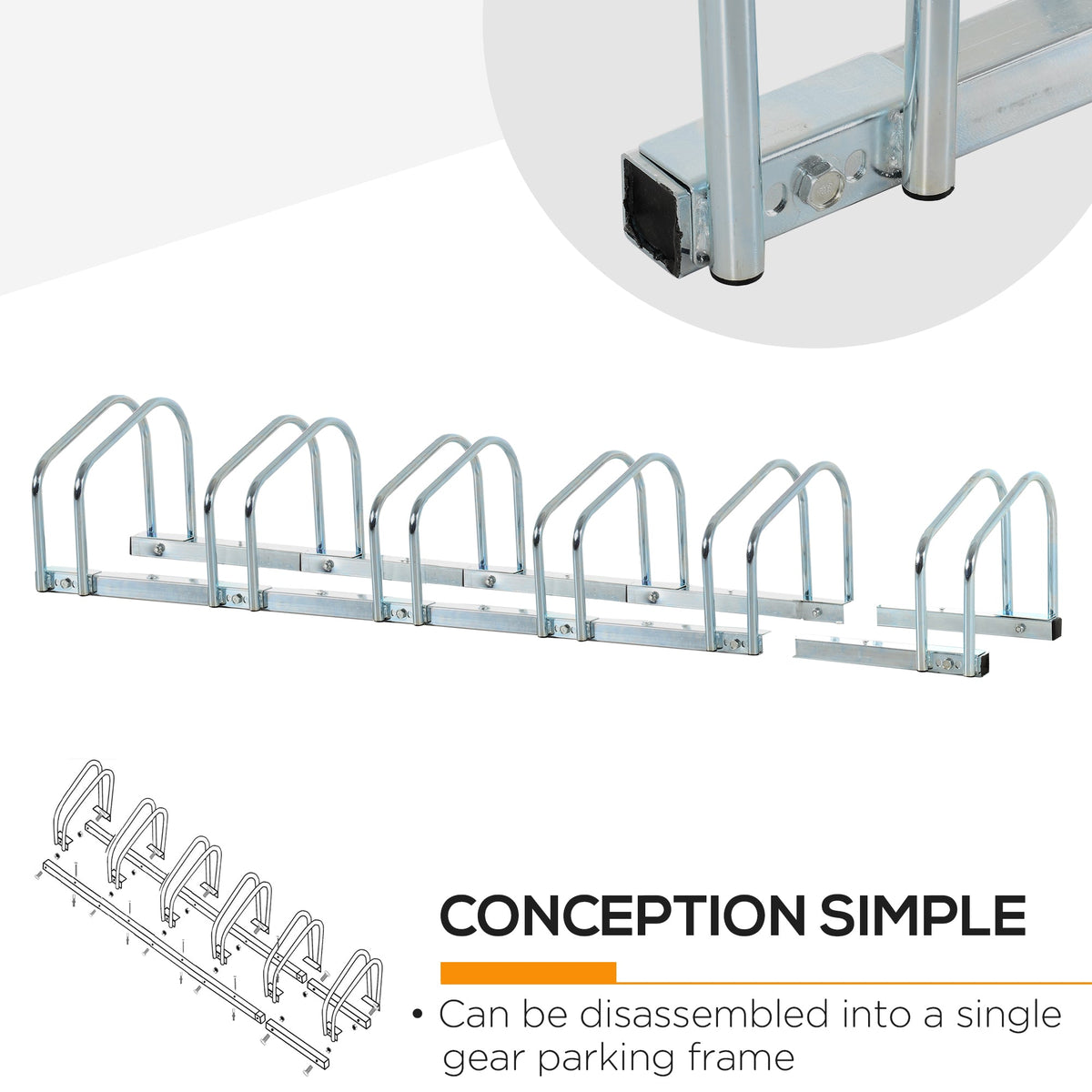 The cycle storage rack shown with a small diagram of its modular assembly parts
