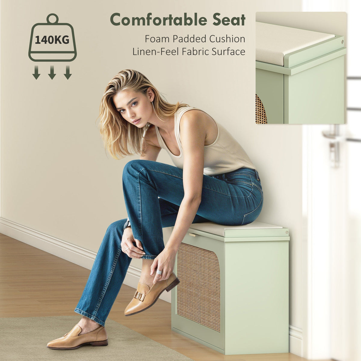 A woman sitting on the light green shoe storage bench, demonstrating the comfortable padded seat