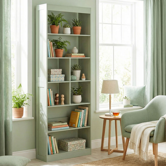 The green 6-tier bookshelf filled with books, plants and decorative items in a living room setting