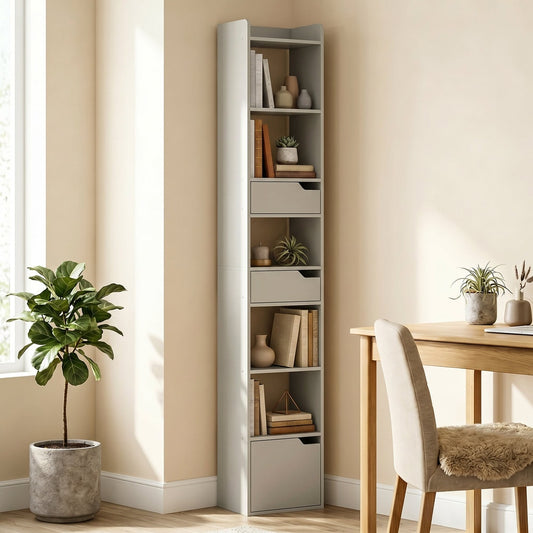 The tall narrow bookcase is shown in a room with books and plants on the shelves