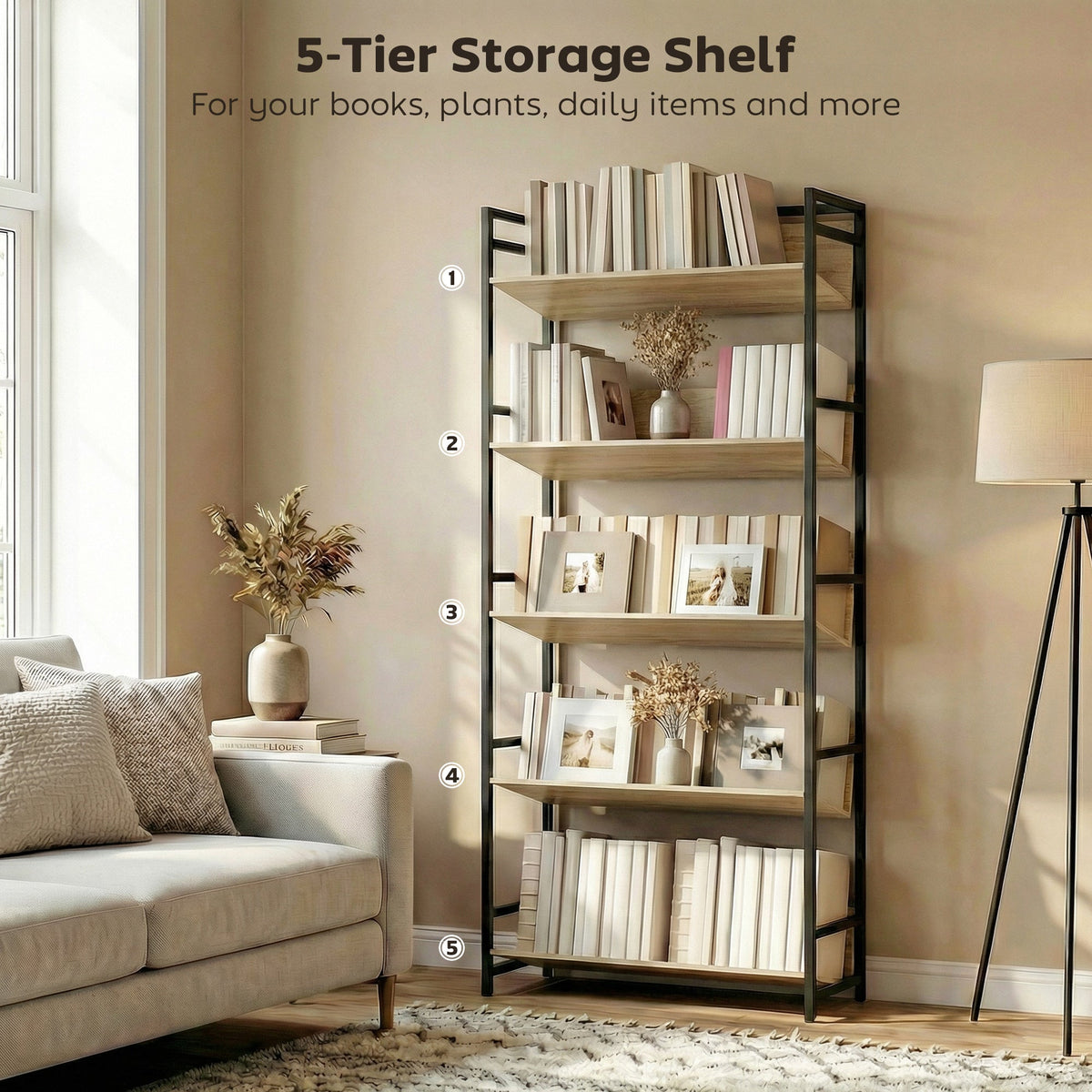 The 5-tier storage shelf is filled with books and photo frames