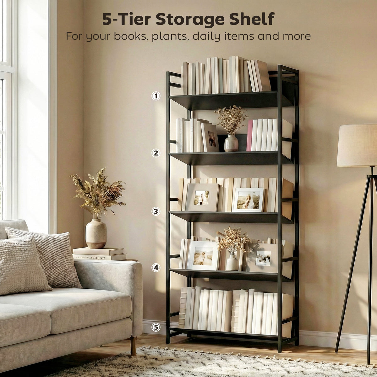 The black five-tier metal frame room divider bookcase is shown with numbered shelves for storage