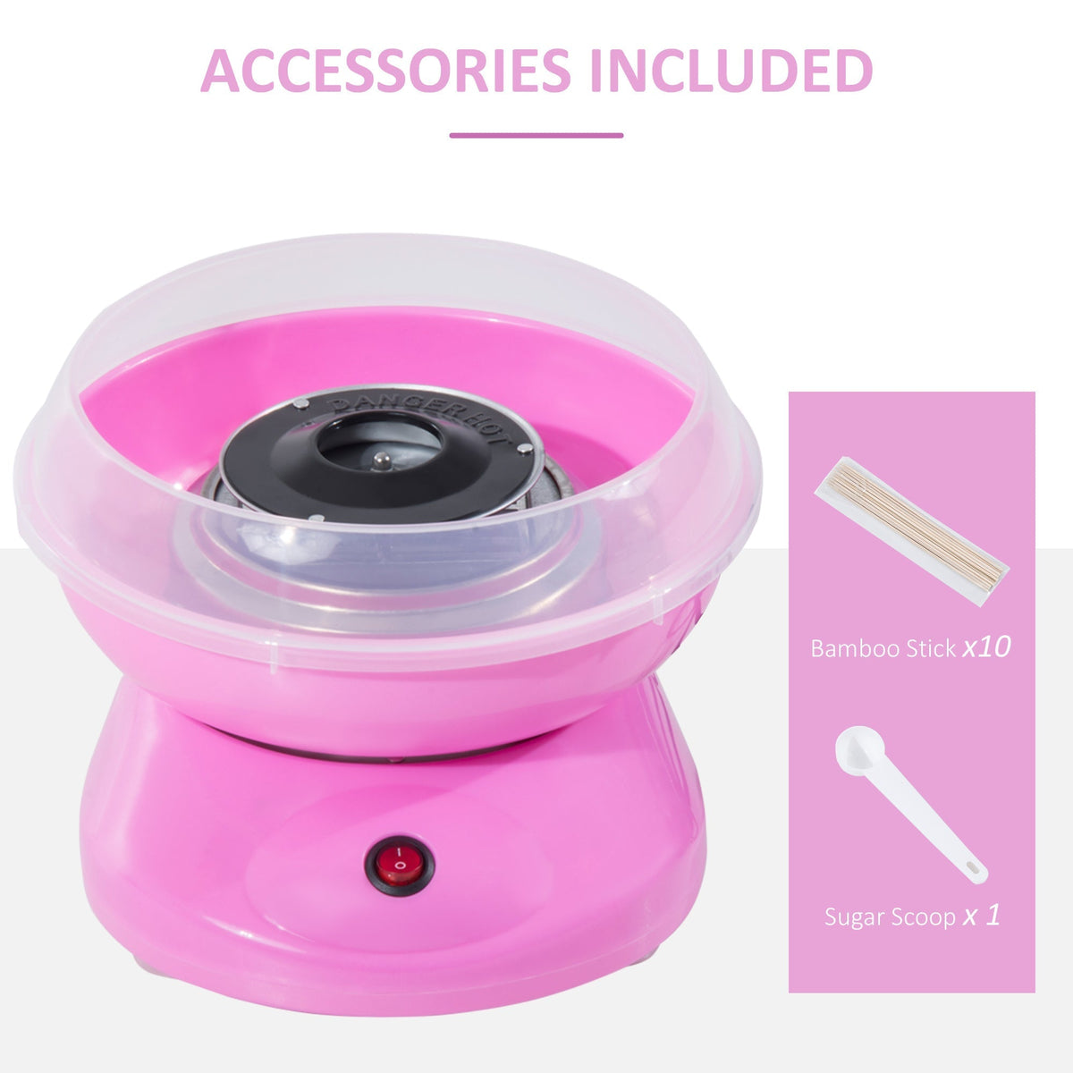 Accessories included with the candy floss machine: bamboo sticks and a sugar scoop