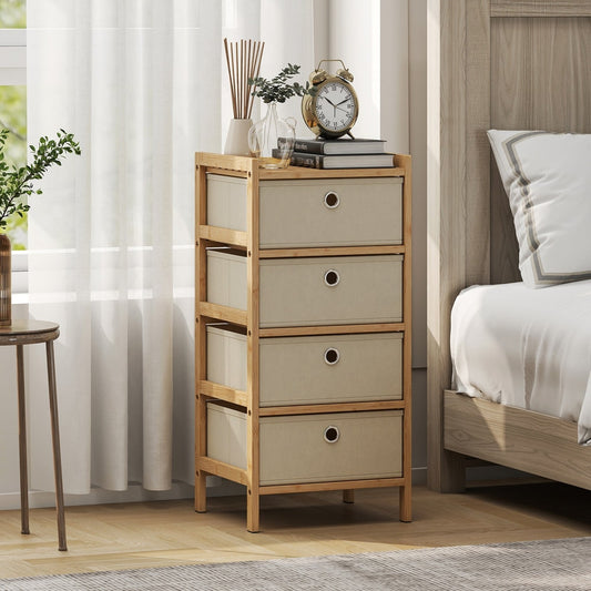 The chest of drawers in a bedroom setting next to a bed and a bedside table